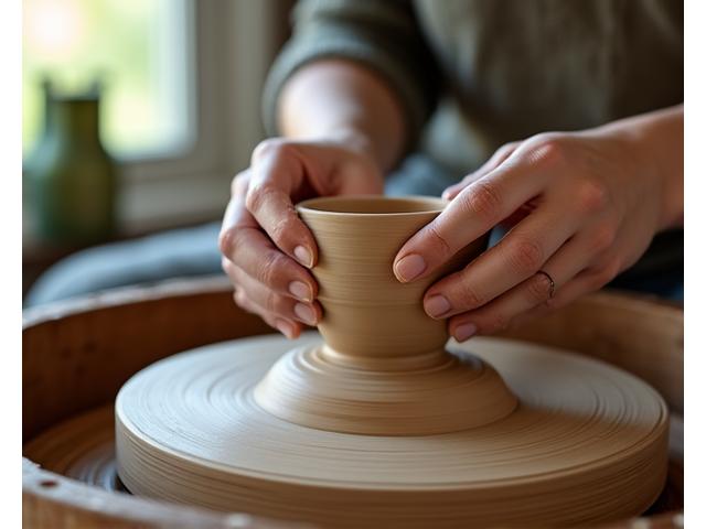 Hands mindfully shaping clay on a potter's wheel, surrounded by calming, earthy tones