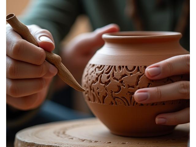 Close-up of hands delicately carving patterns into a clay pot with traditional tools, warm studio lighting
