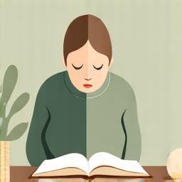 Illustration of a person reflecting with a journal, next to a small, hand-shaped ceramic object