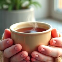 Illustration of hands holding a crafted ceramic mug, signifying a new ritual