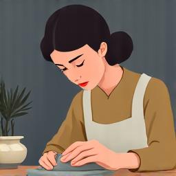 Illustration of someone deeply focused on sculpting clay, surrounded by tranquility