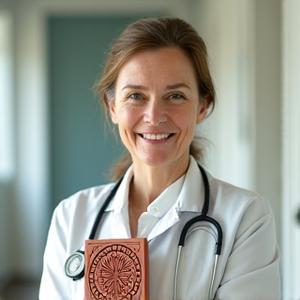 Portrait of Dr. Lisa, a calm medical professional, holding a small, intricately carved ceramic tile