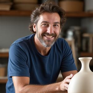 Portrait of Mark, a focused startup founder, with a partially thrown ceramic vase on a pottery wheel
