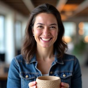 Portrait of Rebecca, a smiling software engineer, holding a small, unglazed ceramic pot