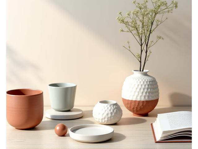 Beautifully arranged collection of various ceramic items: a handcrafted mug, a small sculpture, a textured vase, symbolizing a balanced life