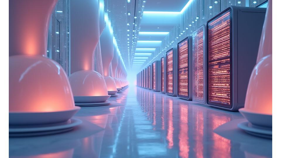 Secure server racks with glowing data flows, framed by subtle ceramic patterns, symbolizing modern data protection.