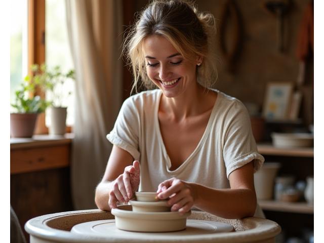 A serene woman gently shaping clay on a pottery wheel, surrounded by warm, earthy tones and soft, diffused light, symbolizing mindful creation and wellness.