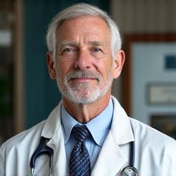 Portrait of Dr. Calvin Reed, a distinguished man in his late 50s, exuding intelligence and professionalism, with a backdrop hinting at a modern, clean medical office in Austin.