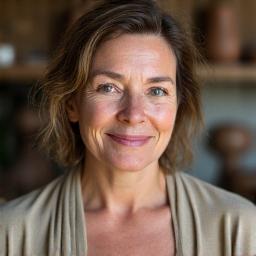 Portrait of Maeve O'Donohue, an artist in her 50s with kind eyes and a creative, earthy aura, perhaps with subtle clay dust on her smock, against a blurred pottery studio background.