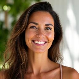 Portrait of Sofia Marquez, a vibrant woman in her 40s, with a friendly and approachable demeanor, possibly with a subtle yoga pose or healthy green smoothie in the background.