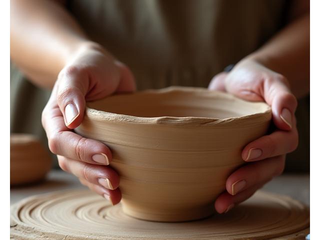 A close-up of hands gently smoothing unglazed ceramic, with soft light highlighting the texture, conveying a sense of calm and tactile engagement.