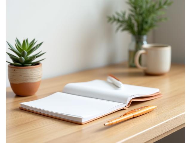 A minimalist desk setup with a handcrafted ceramic planter holding a small succulent, a textured ceramic mug, and a single pen and notebook. No digital devices are visible, emphasizing a tech-free zone for focus.
