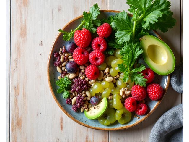 Close-up of vibrant, healthy, plant-based food ingredients artfully arranged on a handcrafted ceramic plate. Focus on natural textures and fresh colors.