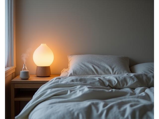 A serene bedroom scene with muted, calming colors. A comfortable bed with natural linen, soft lighting from a ceramic bedside lamp, and a subtle glass diffuser releasing aromatherapy. Focus on comfort and natural elements.