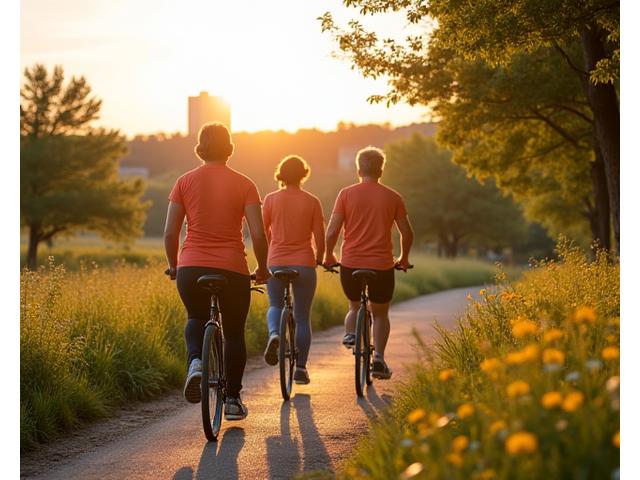 A diverse group of adults aged 35+ engaging in various outdoor physical activities like walking, cycling, and yoga in a vibrant Austin park setting at golden hour.
