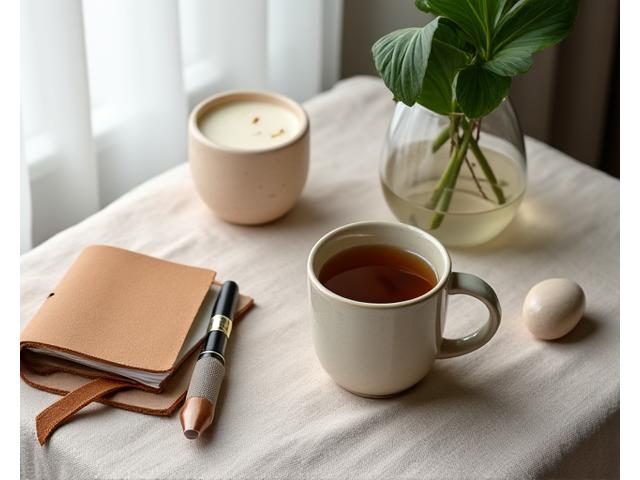Overhead shot of a morning ritual setup: a handcrafted ceramic mug steaming gently beside a small, unglazed ceramic art piece, a journal, and a soft, linen cloth, bathed in warm, natural morning light.